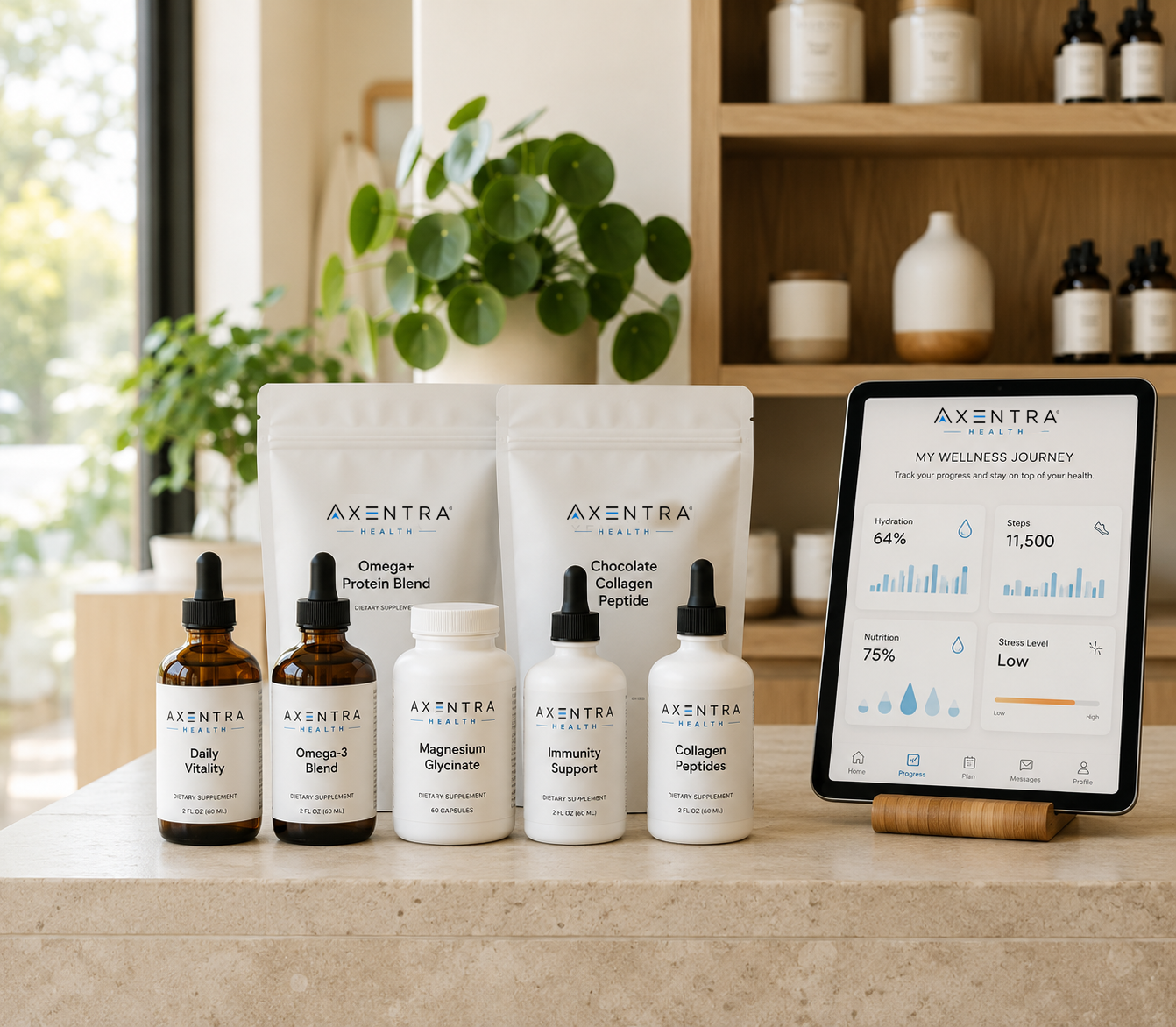 Axentra Health supplements, protein and collagen blends, and a tablet showing a client's wellness journey dashboard on a wellness center countertop