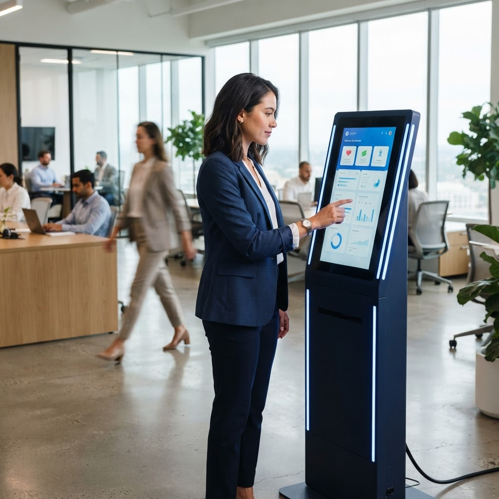An employee using the touchscreen on an Axentra Health wellness station inside a modern corporate office