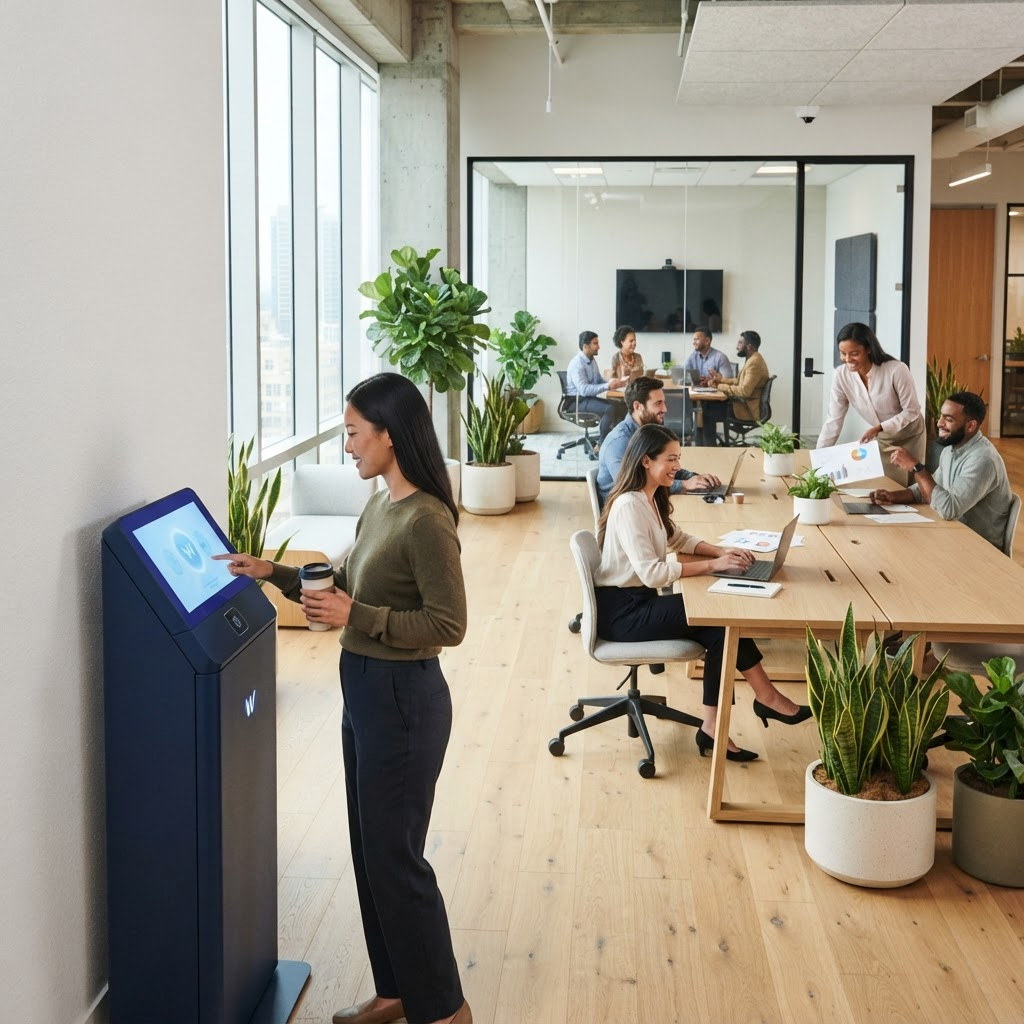 Employees in a collaborative modern office beside an Axentra Health wellness station