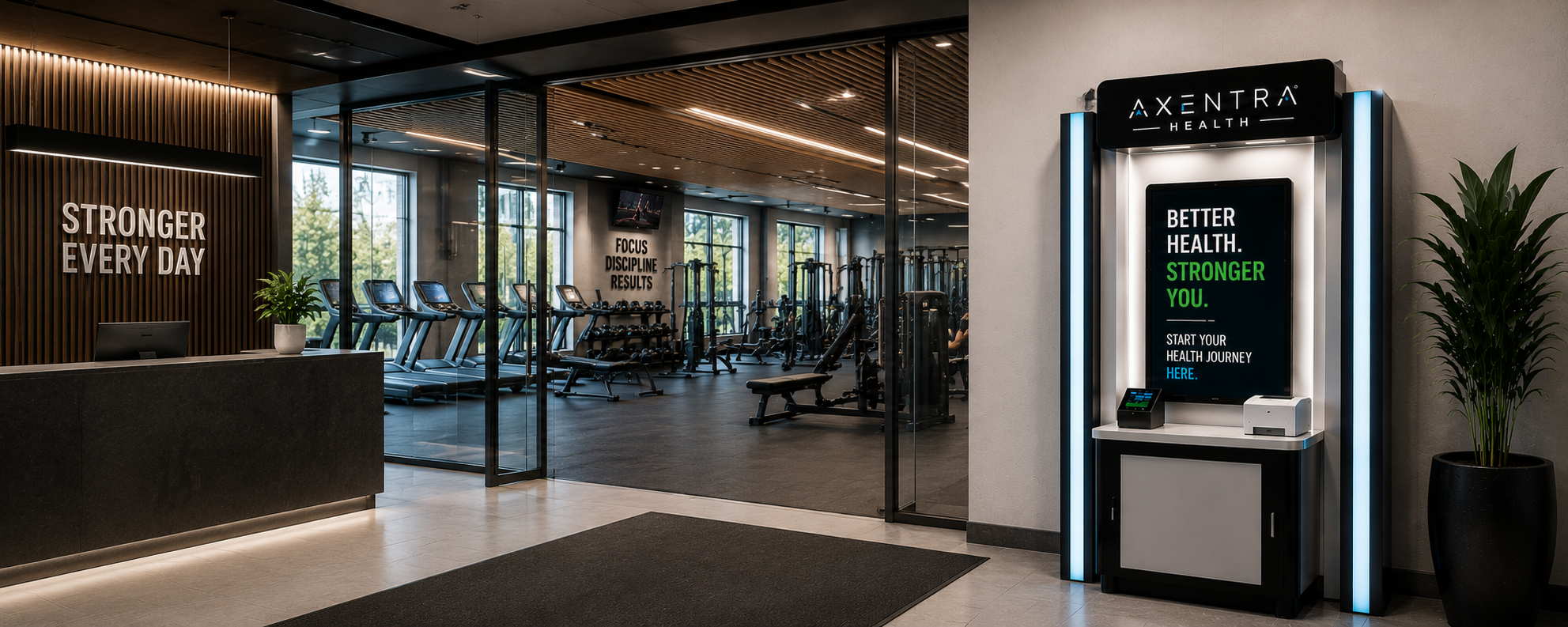 The Axentra Health kiosk installed in a modern fitness center