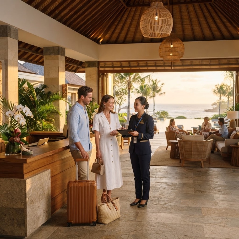 A couple checking in at the concierge desk of a luxury resort reception area