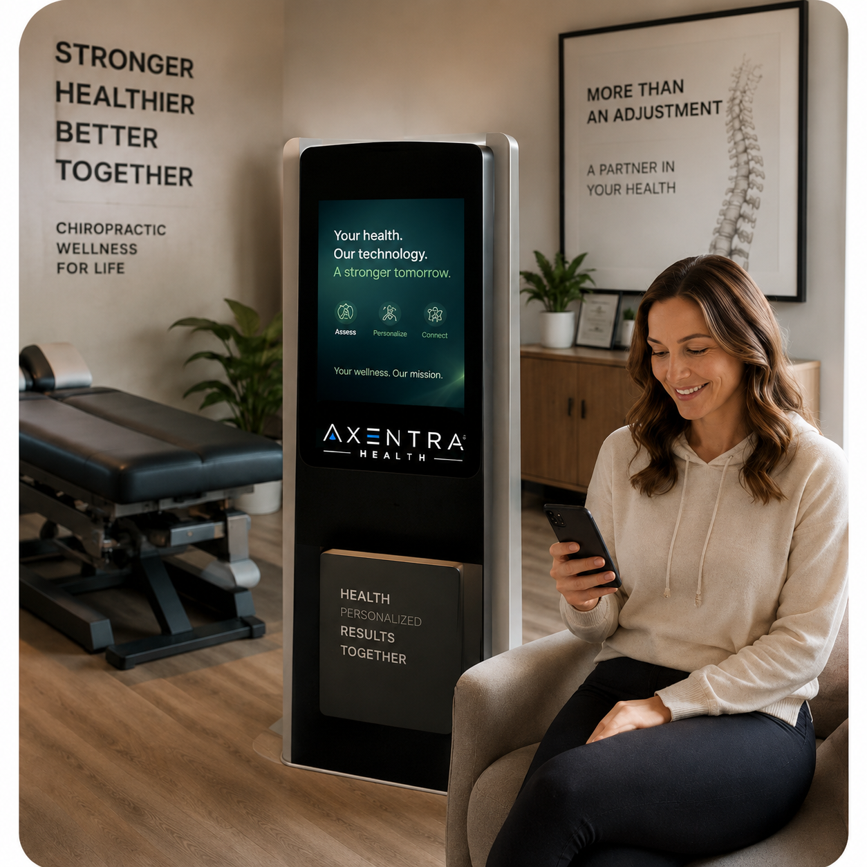 An Axentra Health Hub in a modern chiropractic clinic beside a seated patient using her phone