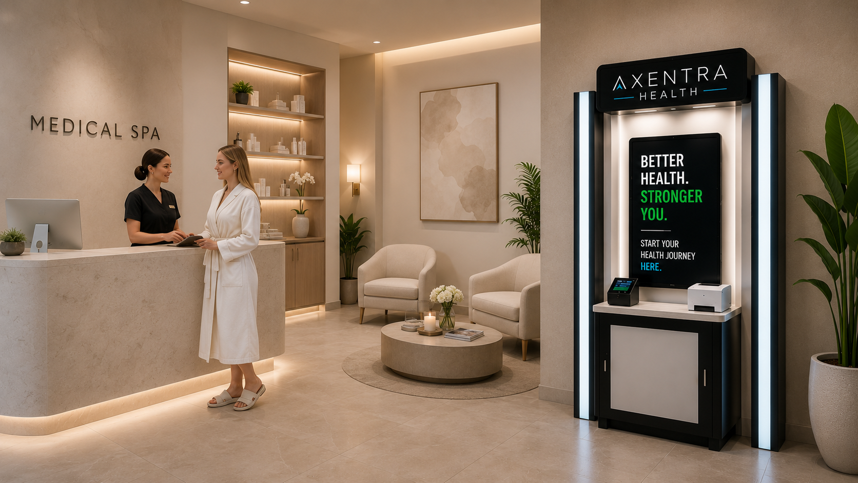 A medical spa reception with an Axentra Health wellness kiosk