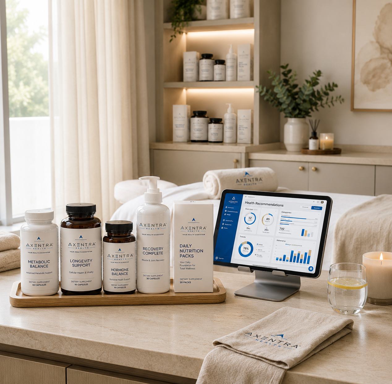 Axentra Health supplement lineup and wellness dashboard on a medical spa countertop