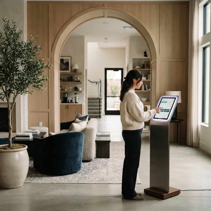 A resident using the Axentra wellness station in an upscale apartment community lounge
