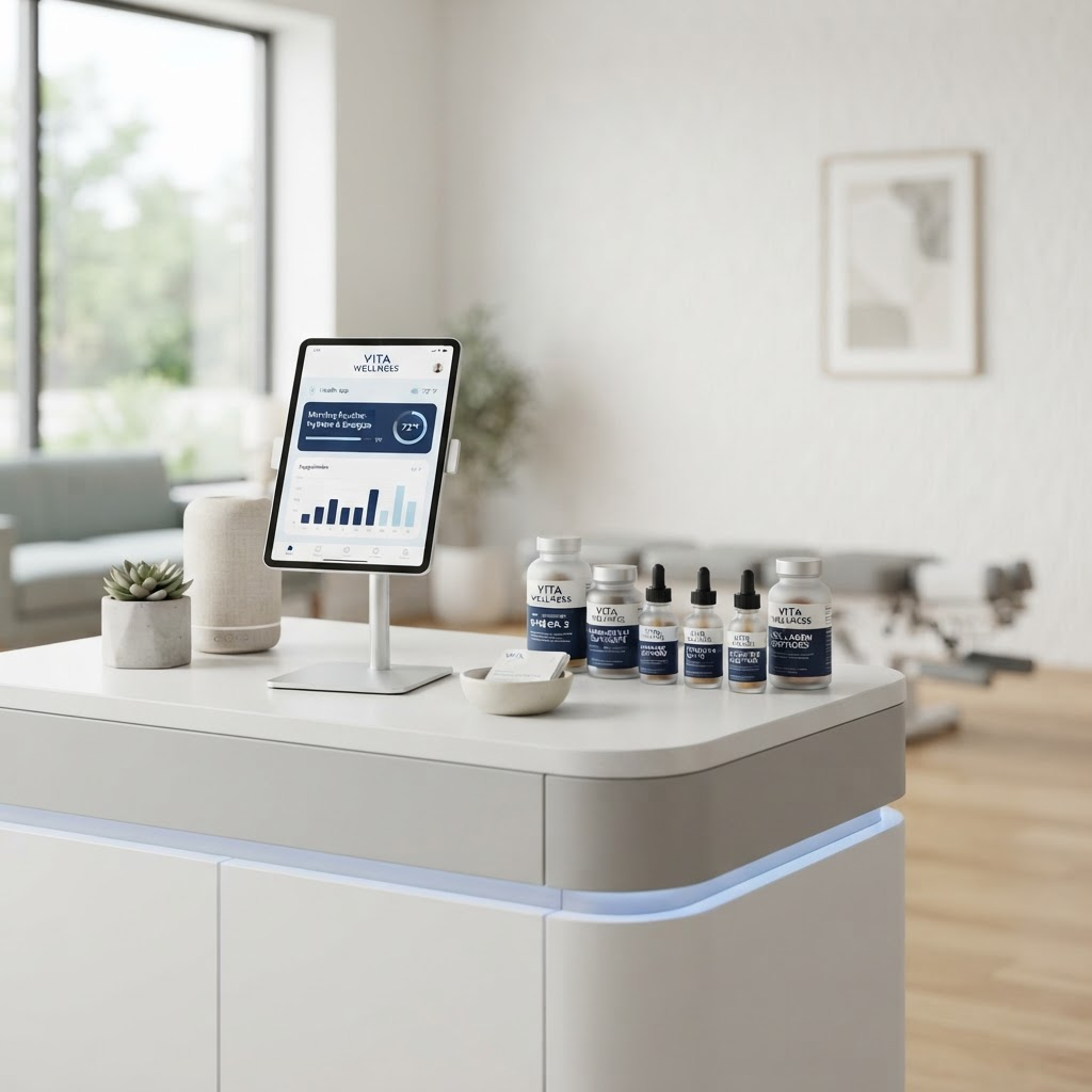 A sleek Axentra Health wellness station with a tablet and premium supplements in a modern clinic