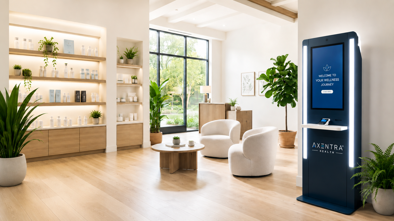 A bright wellness center lobby with an Axentra Health kiosk inviting clients to start their wellness journey